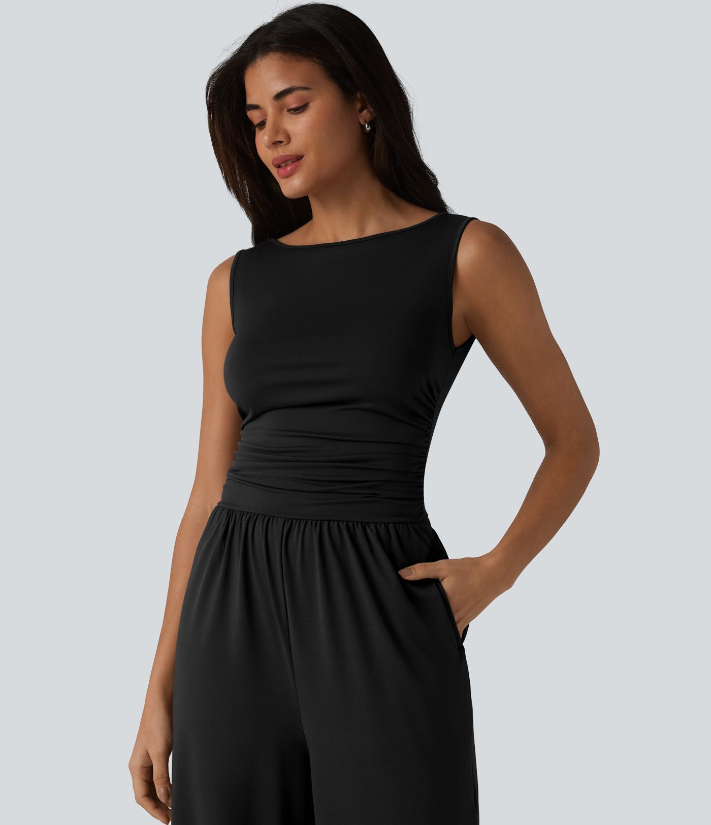 Combinaison casual froncée jambe large sans manches à col bateau avec poches - Édition Easy Peasy
