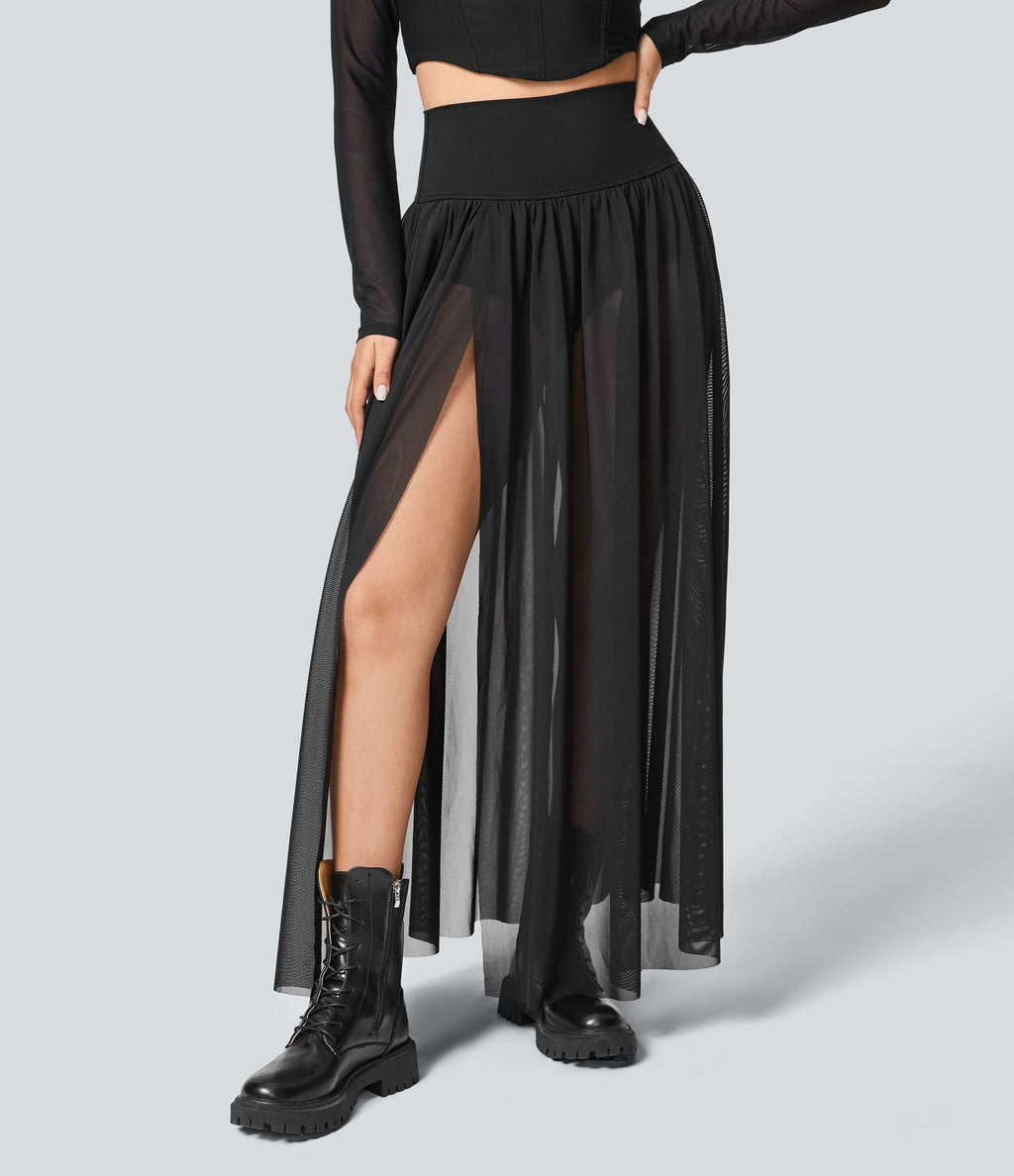 Jupe Casual Taille Haute Maxi Fluide Mesh Fente Plissée 2 en 1