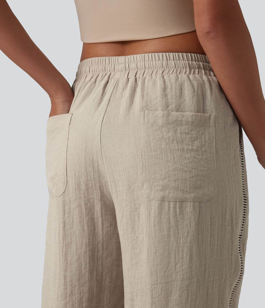 Pantalon droit taille mi-haute aspect lin avec cordon de serrage et poches