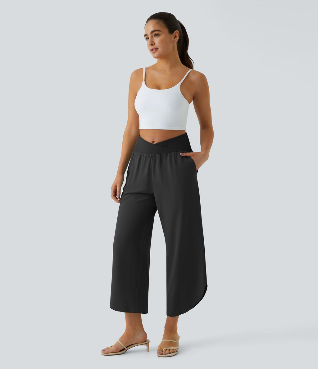 Breezeful™ Pantalon Fluide Vacances Séchage Rapide Taille Haute Croisée Poches Latérales Plissées Fente