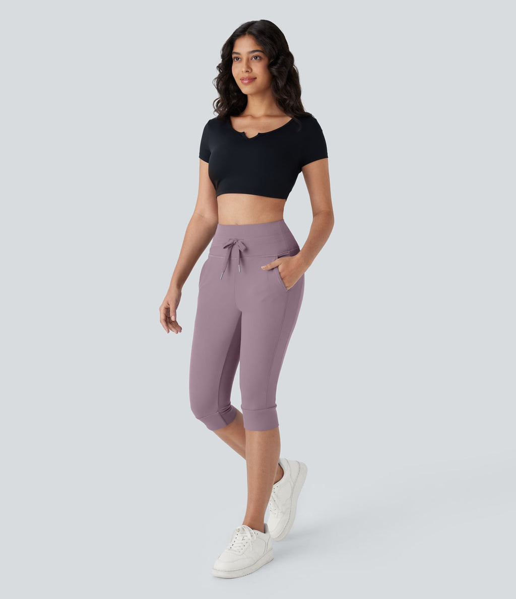 Pantalon corsaire jogging de yoga Softlyzero™ moelleux, taille haute à cordon avec poches latérales