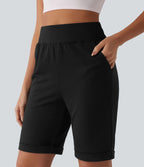 Short sweat décontracté taille haute à ourlet roulé avec poches