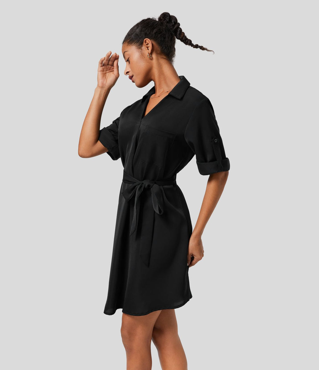 Robe-chemise décontractée à col, manches retroussables et ceinture
