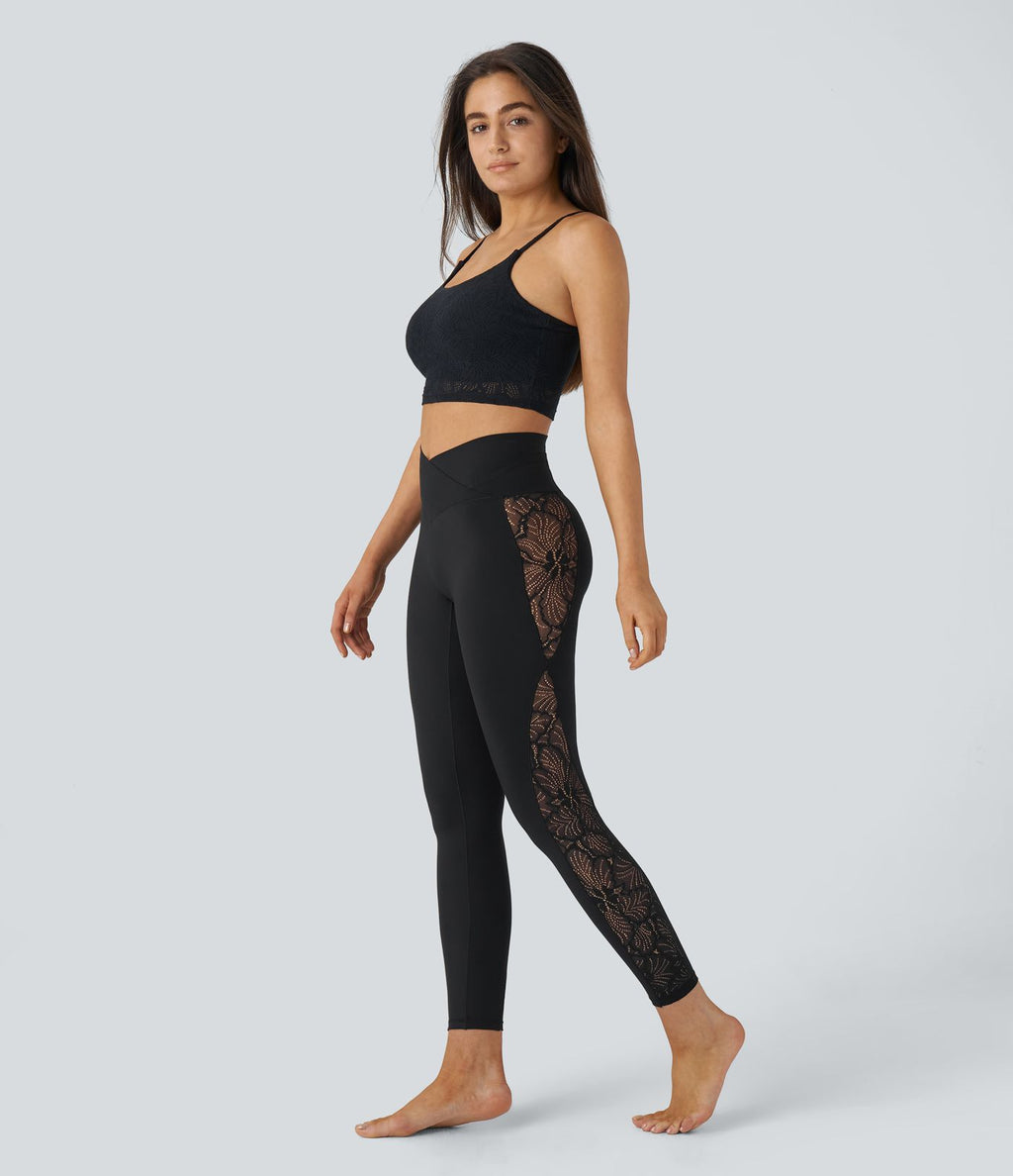 Softlyzero™ Legging Yoga 7/8 Taille Haute avec Poche au Dos Découpe Croisée et Dentelle Contrastante