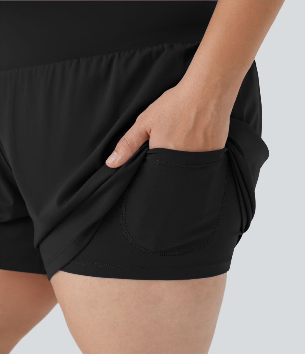 Short Yoga 10cm Plus Longue Taille Ultra Haute 2 en 1 Poche Arrière Poche Cachée Latérale Grande Taille