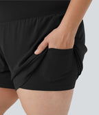 Short Yoga 10cm Plus Longue Taille Ultra Haute 2 en 1 Poche Arrière Poche Cachée Latérale Grande Taille