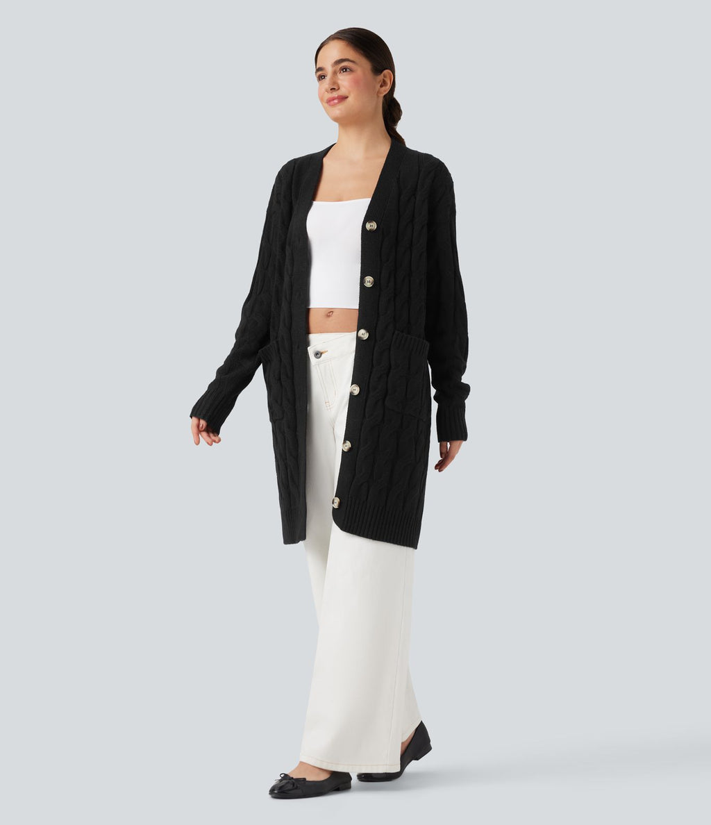 Cardigan décontracté long col V manches longues avec poches