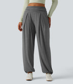 Pantalon de yoga chiné froncé taille haute avec poches