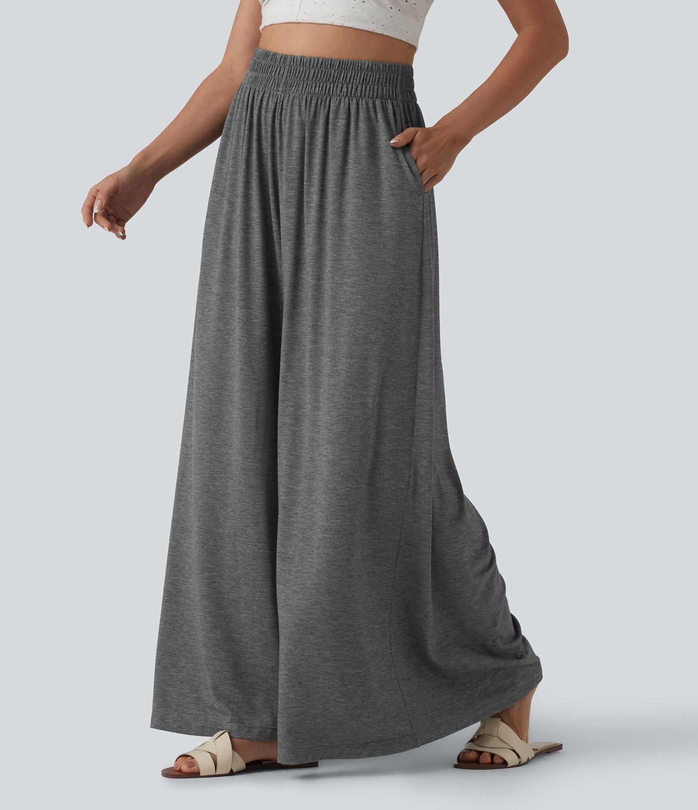 Pantalon large fluide chiné resort taille haute avec poches