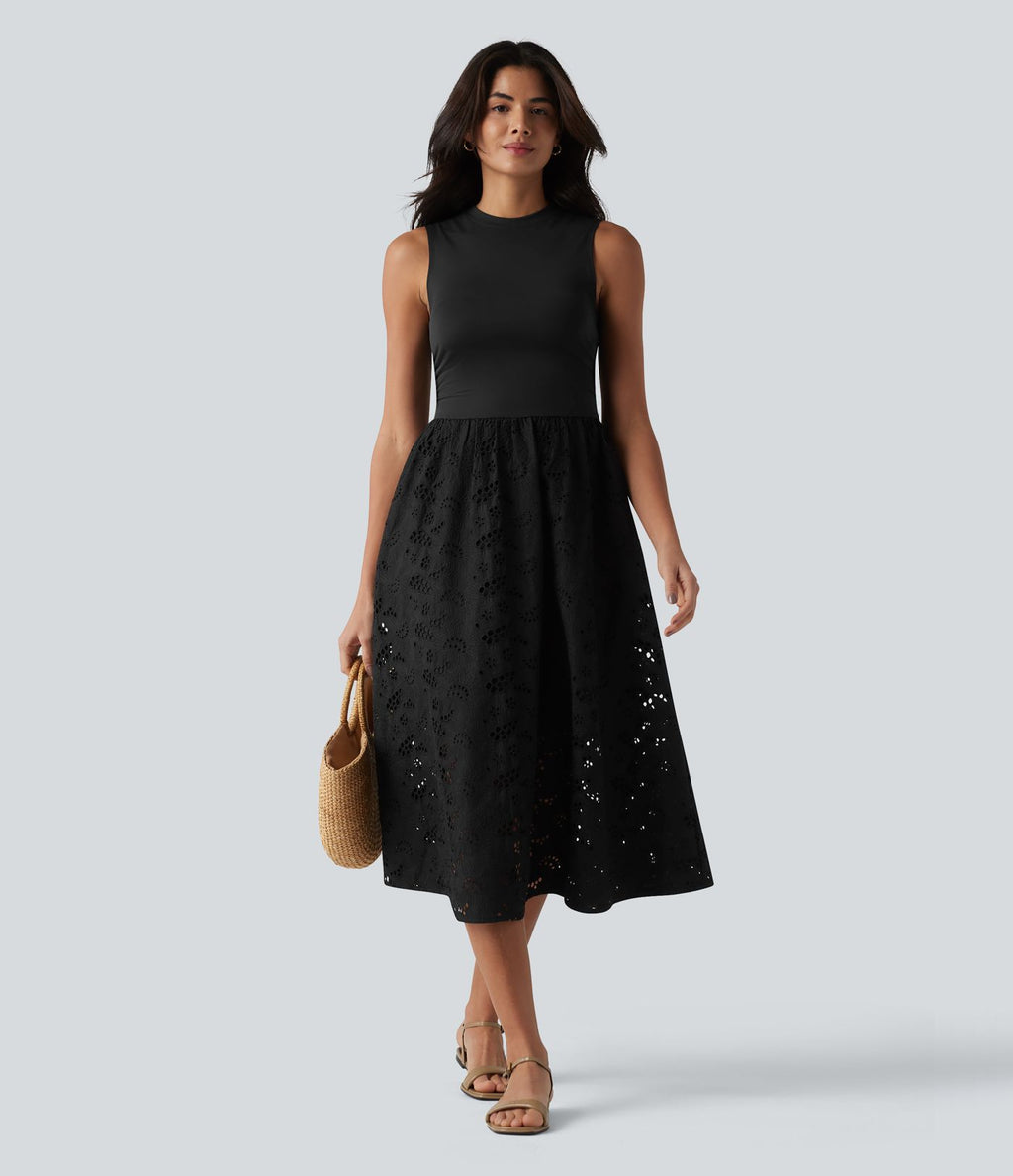 Robe midi de villégiature sans manches col rond à broderie anglaise, avec poches