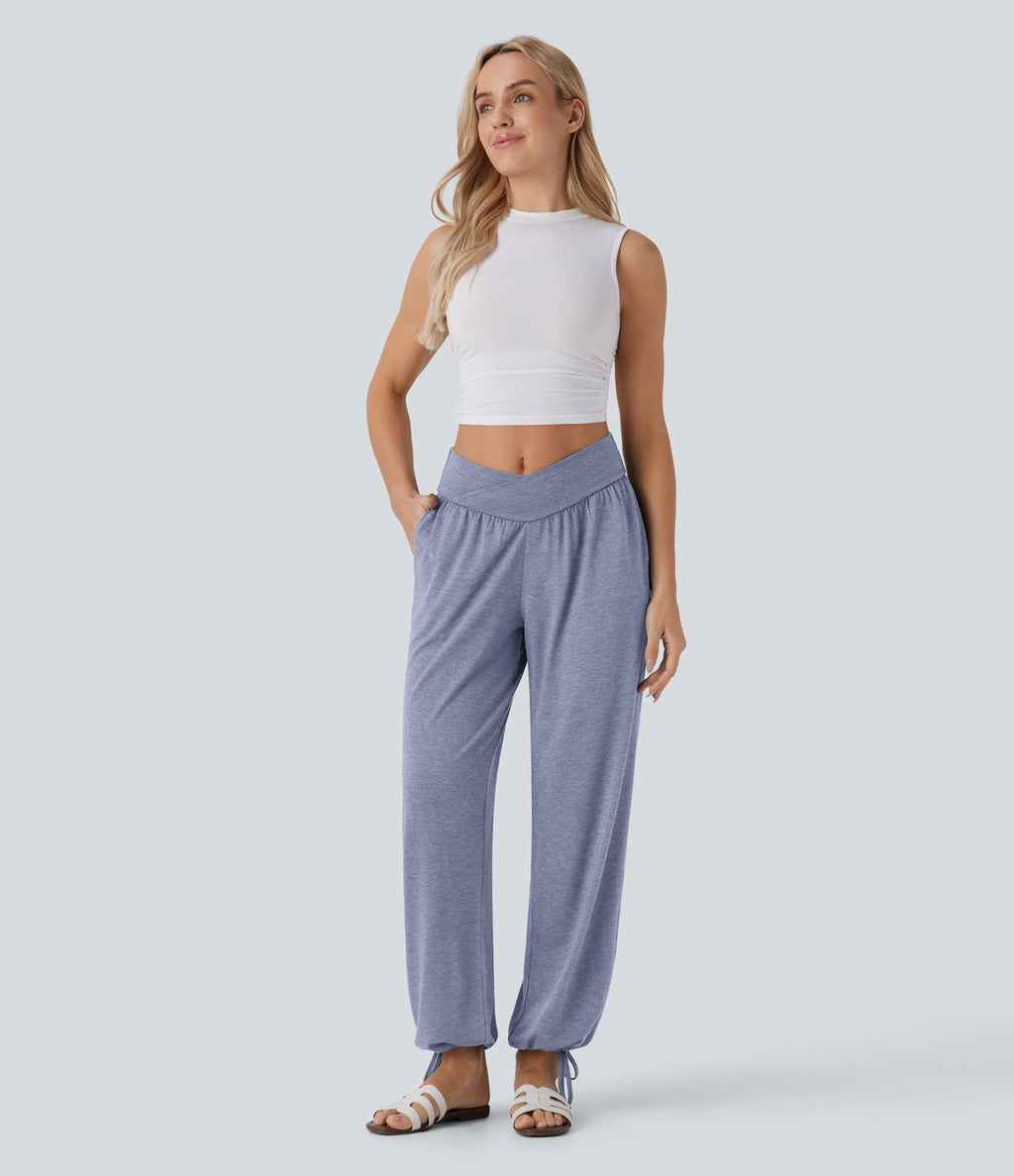 Pantalon de jogging décontracté à taille haute croisée avec poches latérales et cordon de serrage