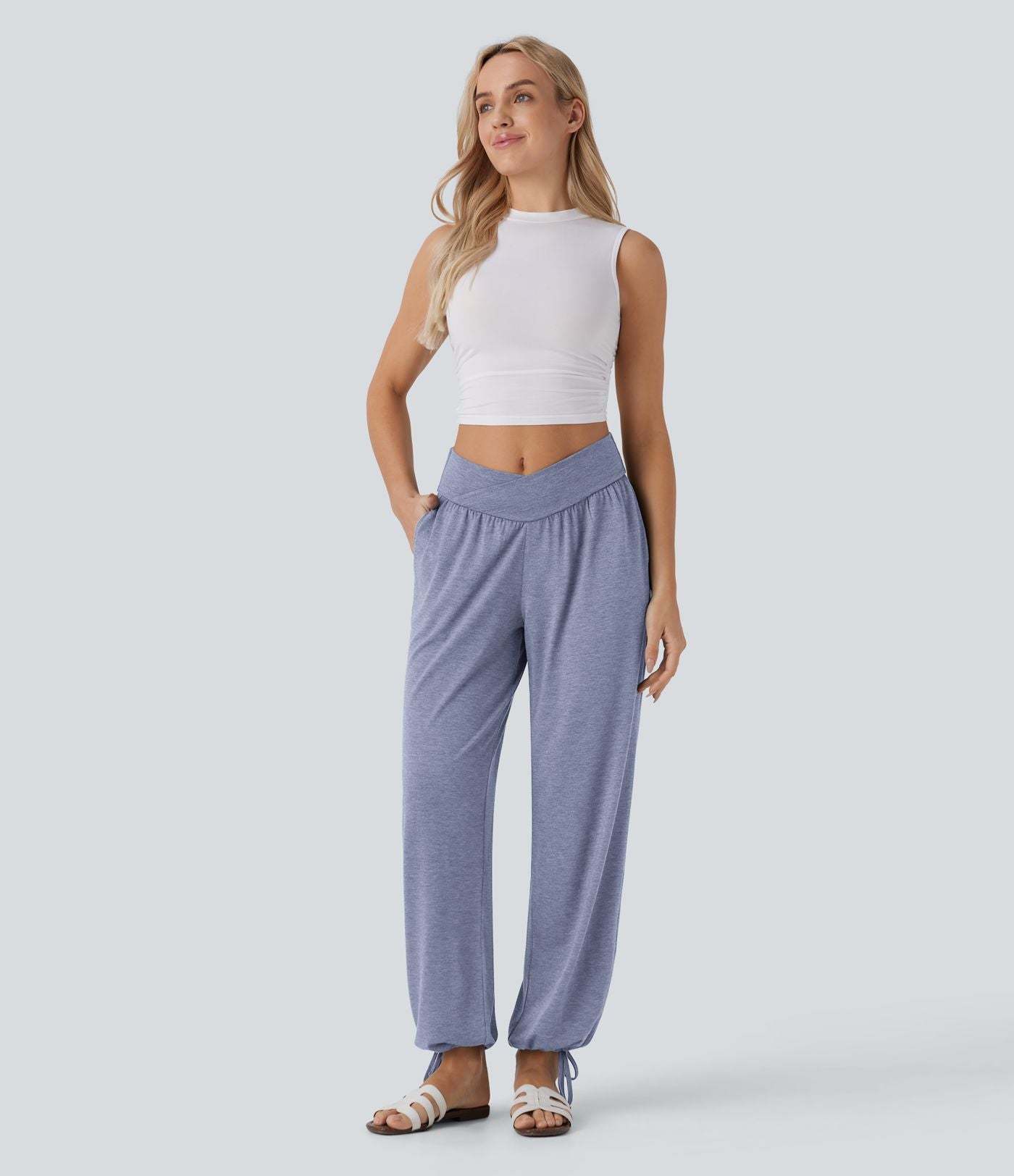 Pantalon de jogging décontracté à taille haute croisée avec poches latérales et cordon de serrage