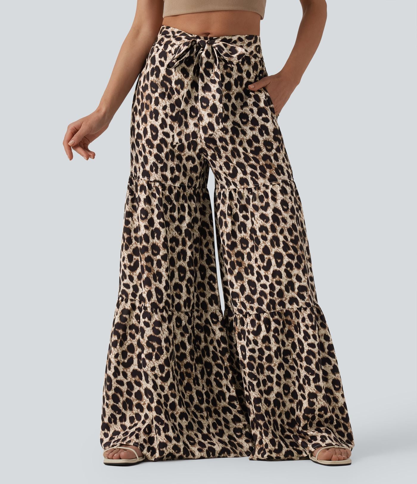 Pantalon ample décontracté taille mi-haute avec nœud devant imprimé léopard avec poches