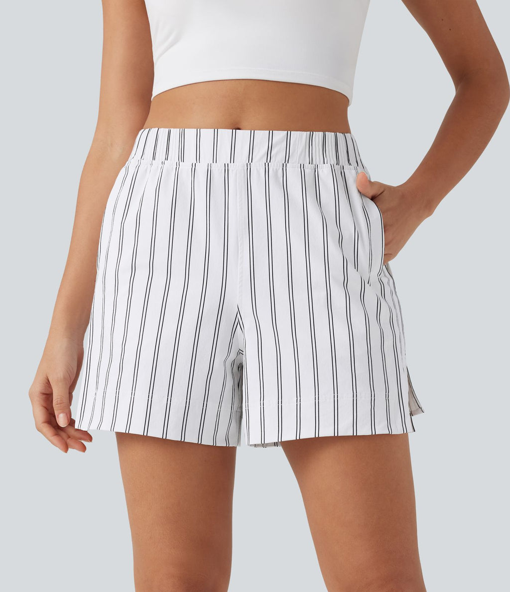 Short de tennis à rayures, taille haute, fente, 10 cm, à poches