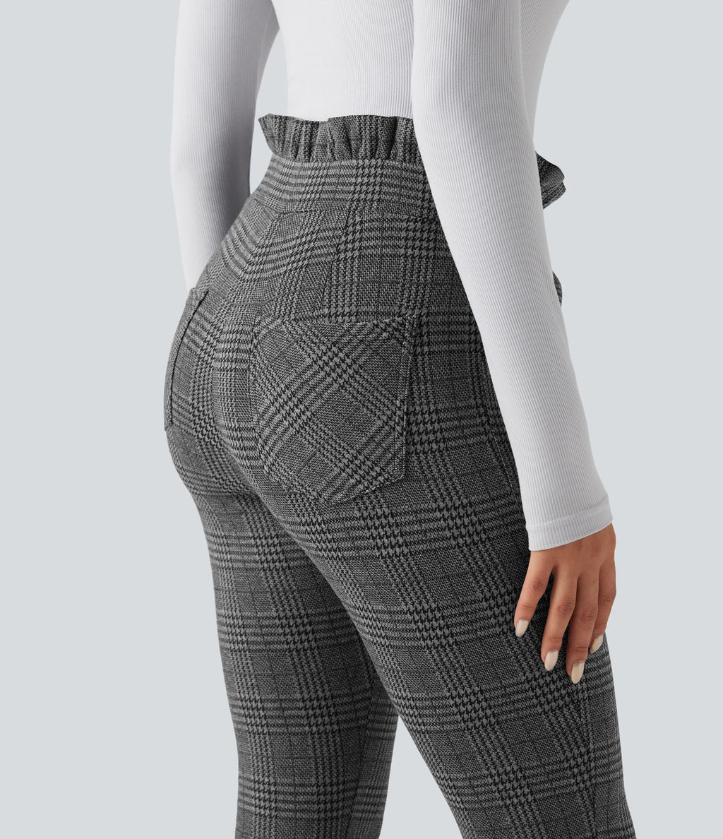 Pantalon tailleur skinny Halara Flex™ paper bag pied-de-poule carreaux taille haute à nœud avec poches