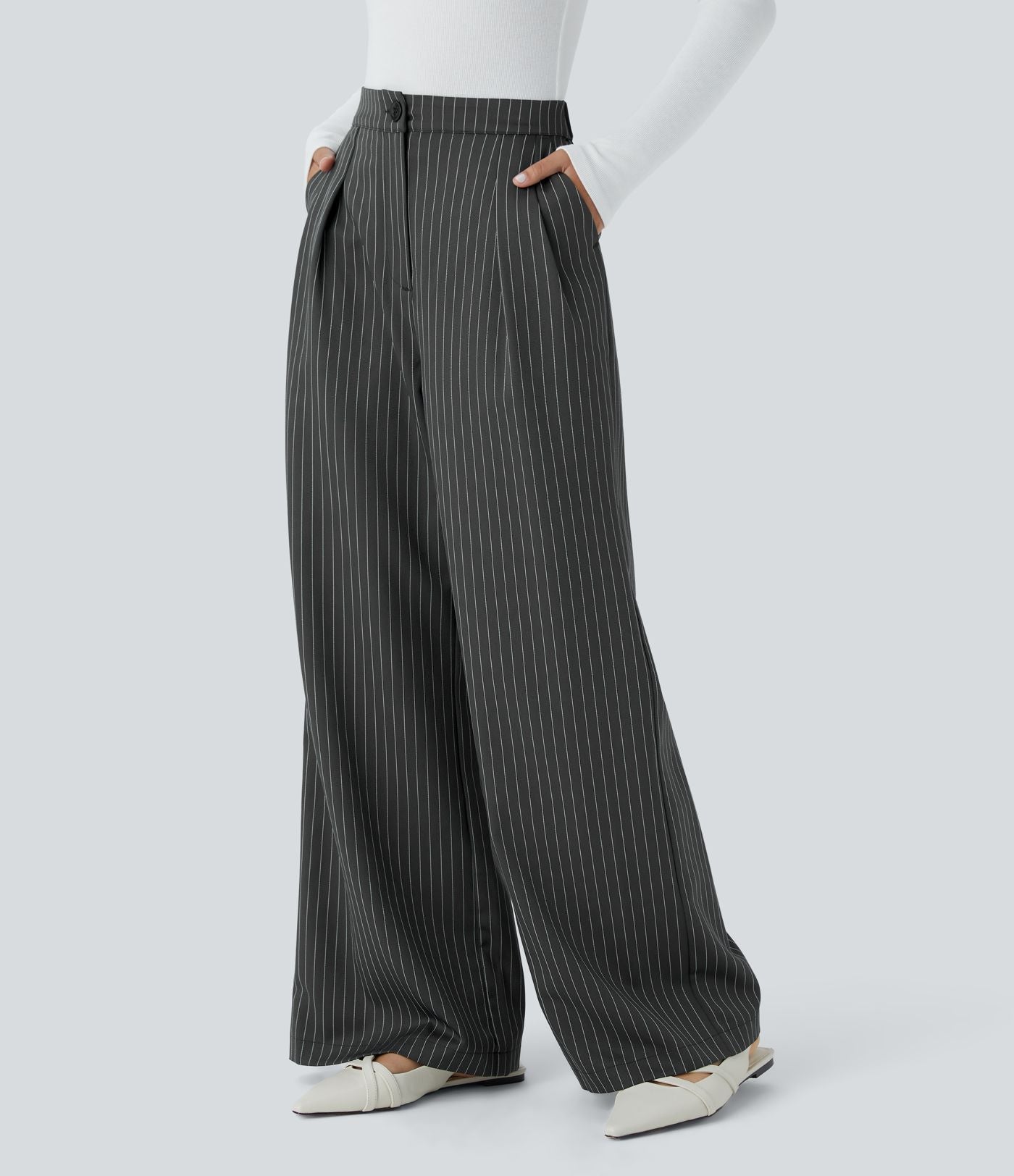 Pantalon Tailleur Large Fluide à Rayures, Taille Haute, Bouton et Fermeture Éclair, Poches Latérales