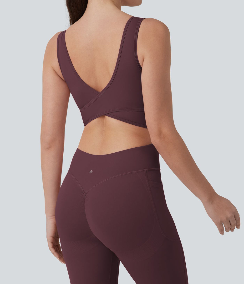 Combinaison d'entraînement Halara UltraSculpt™ évasée dos nu croisé gainante galbante avec fronces et coussinets fixes avec poches - Easy Peasy