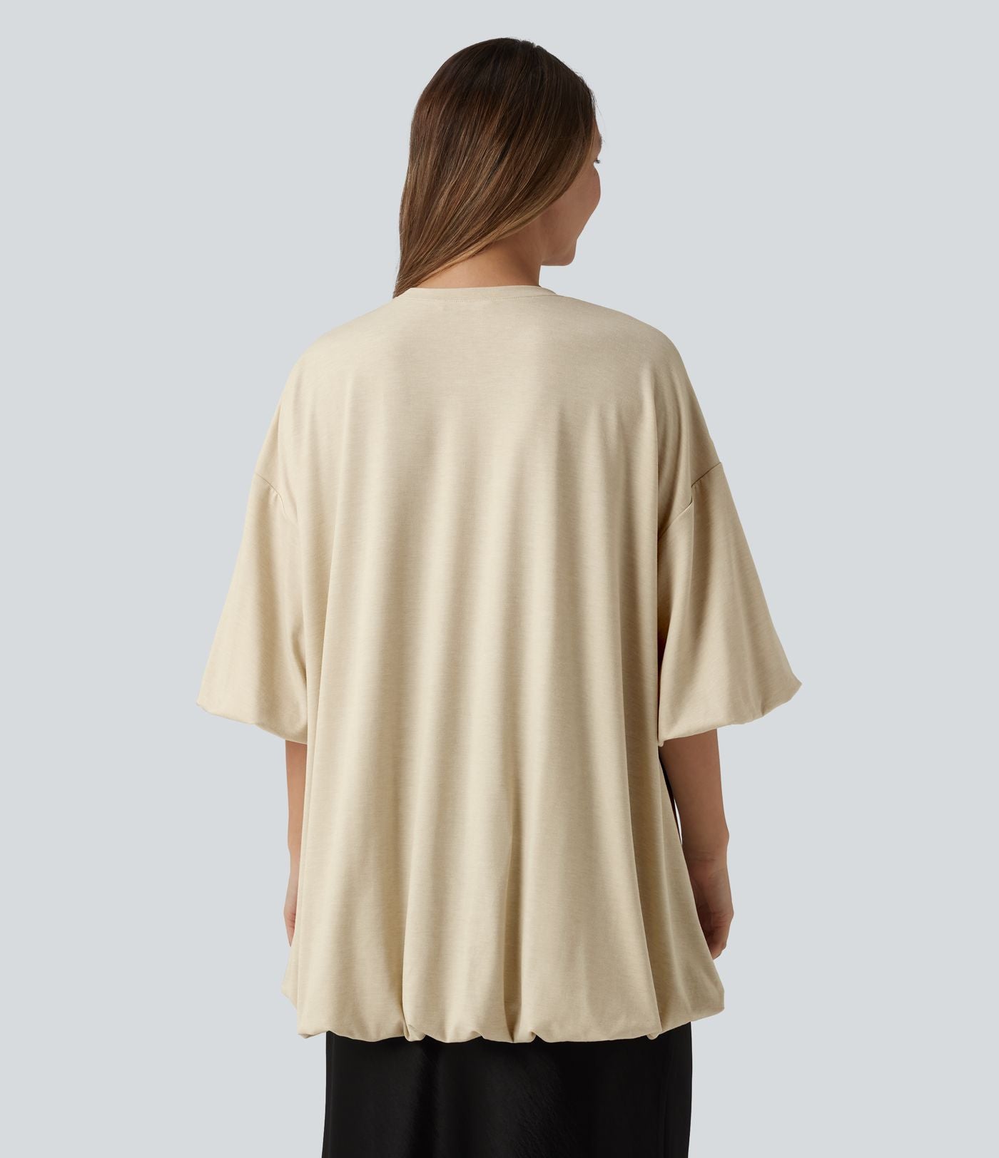 Top casual oversize col rond à manches mi-longues et ourlet boule