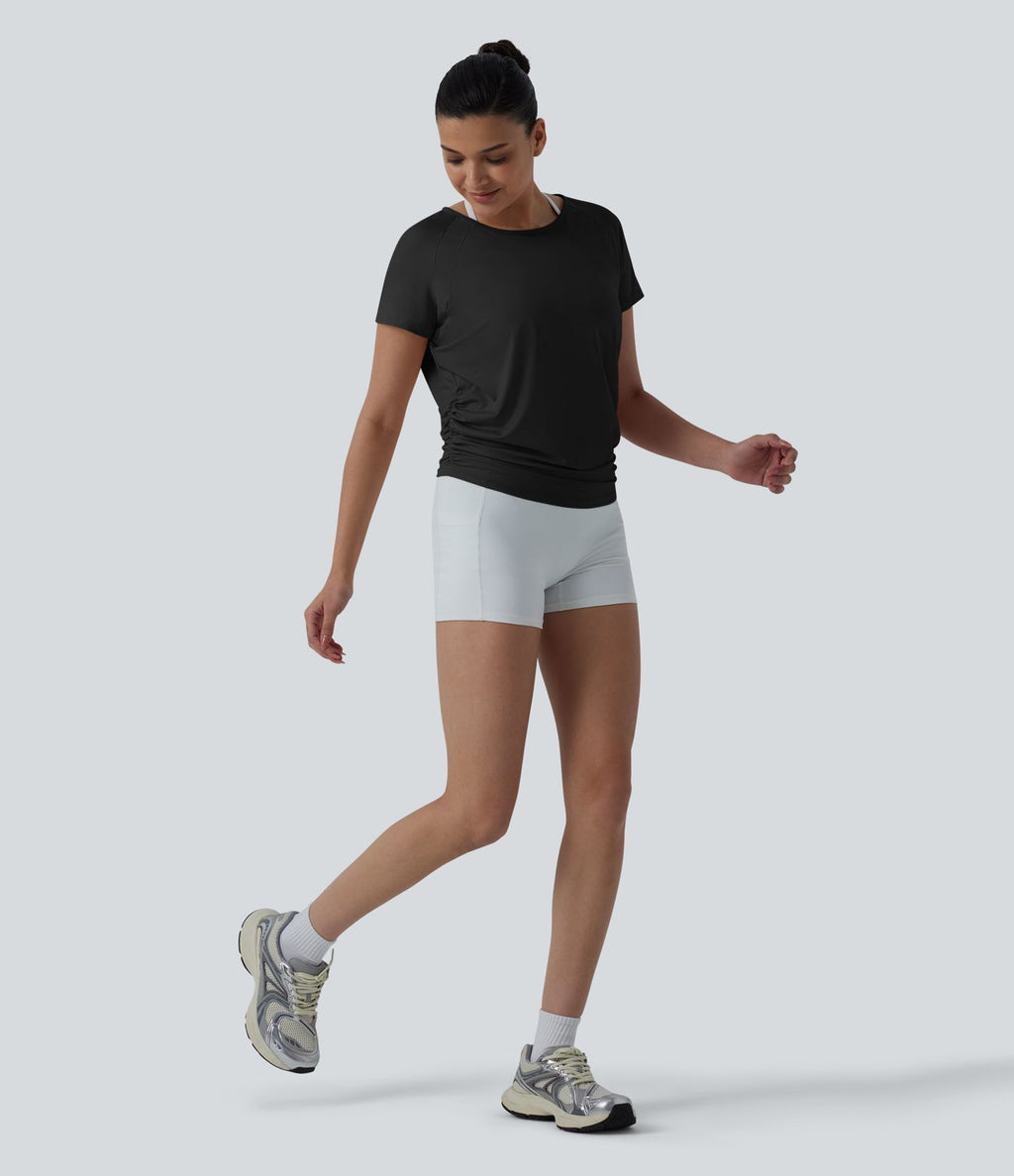 Haut sport yoga col rond manches raglan courtes dos découpé froncé