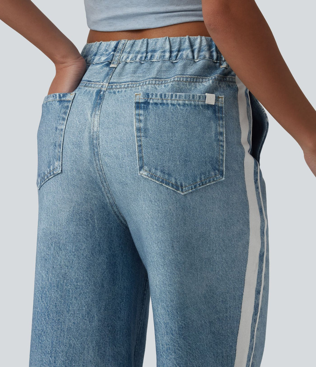 Jean de survêtement décontracté à rayures en tissu éponge français imprimé denim taille mi-haute avec poches