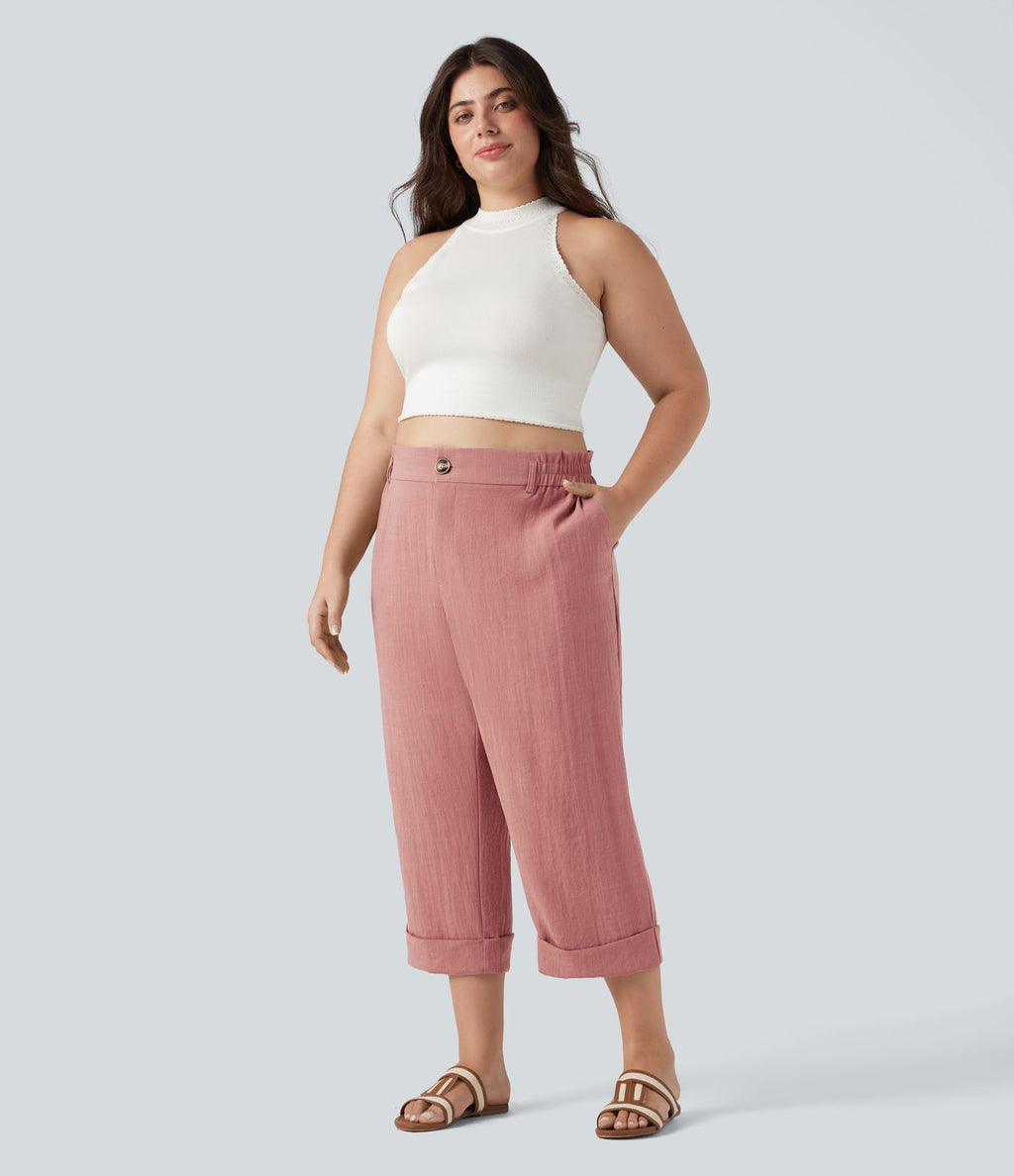 Pantalon de villégiature capri effet lin, grande taille, taille haute, avec poches