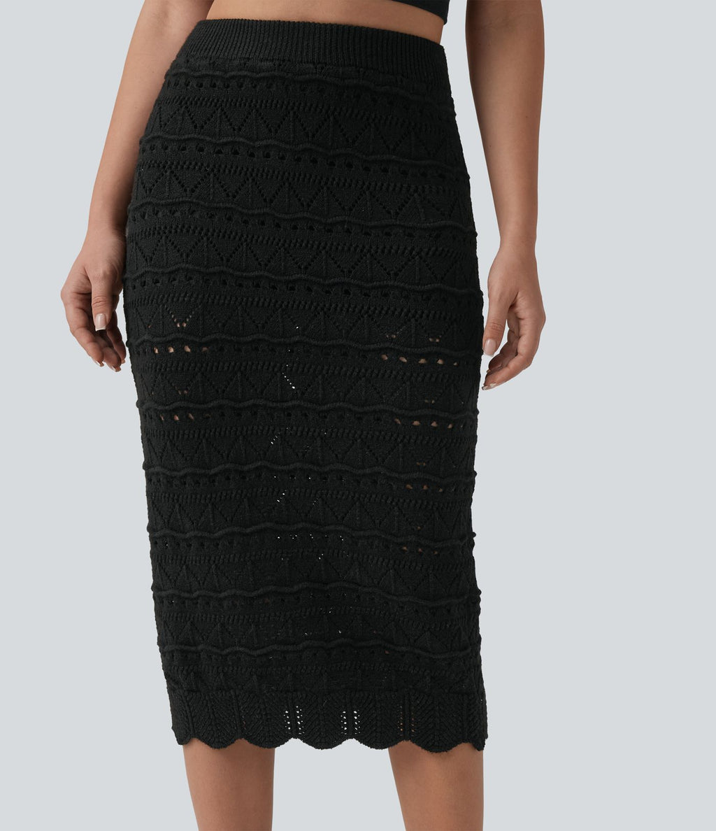 Jupe mi-longue maille ajourée 2-en-1 taille haute avec poches