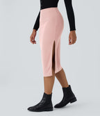 Jupe Midi Moulante Casual en Côtes Taille Haute Fendue