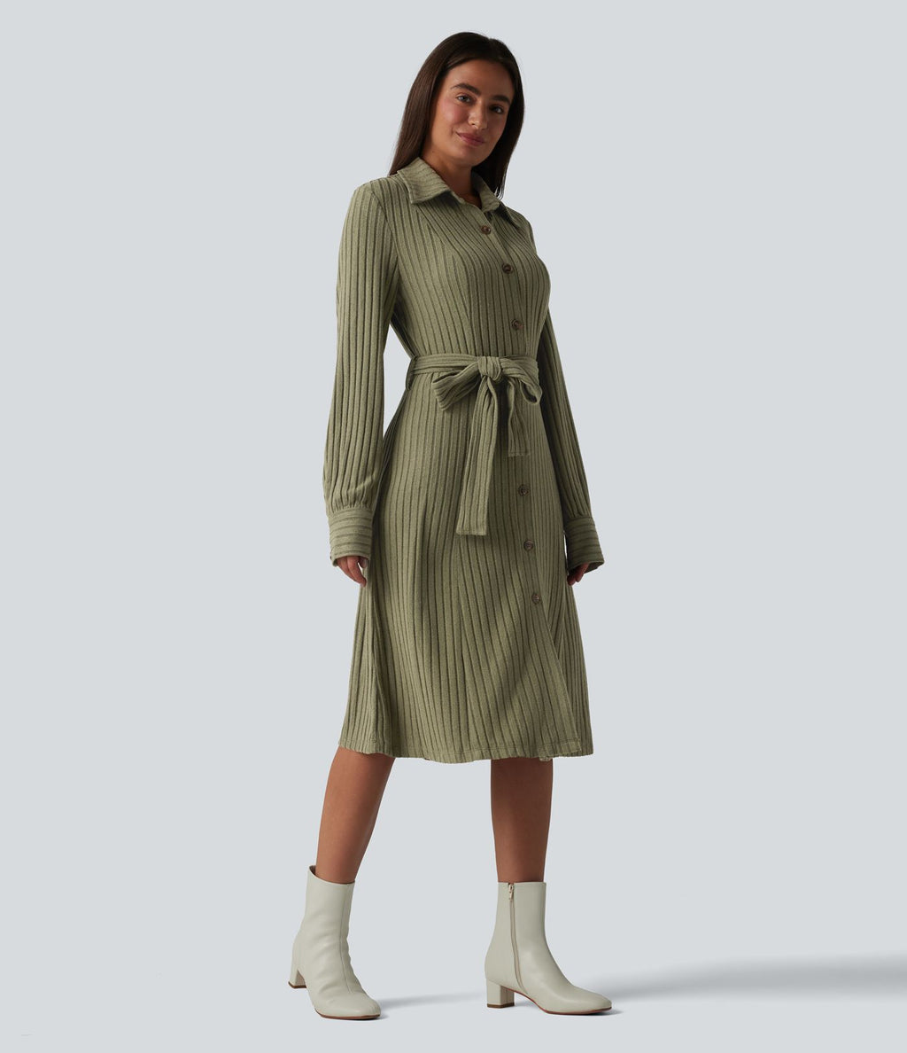 Robe de bureau mi-longue en maille côtelée à manches longues avec ceinture