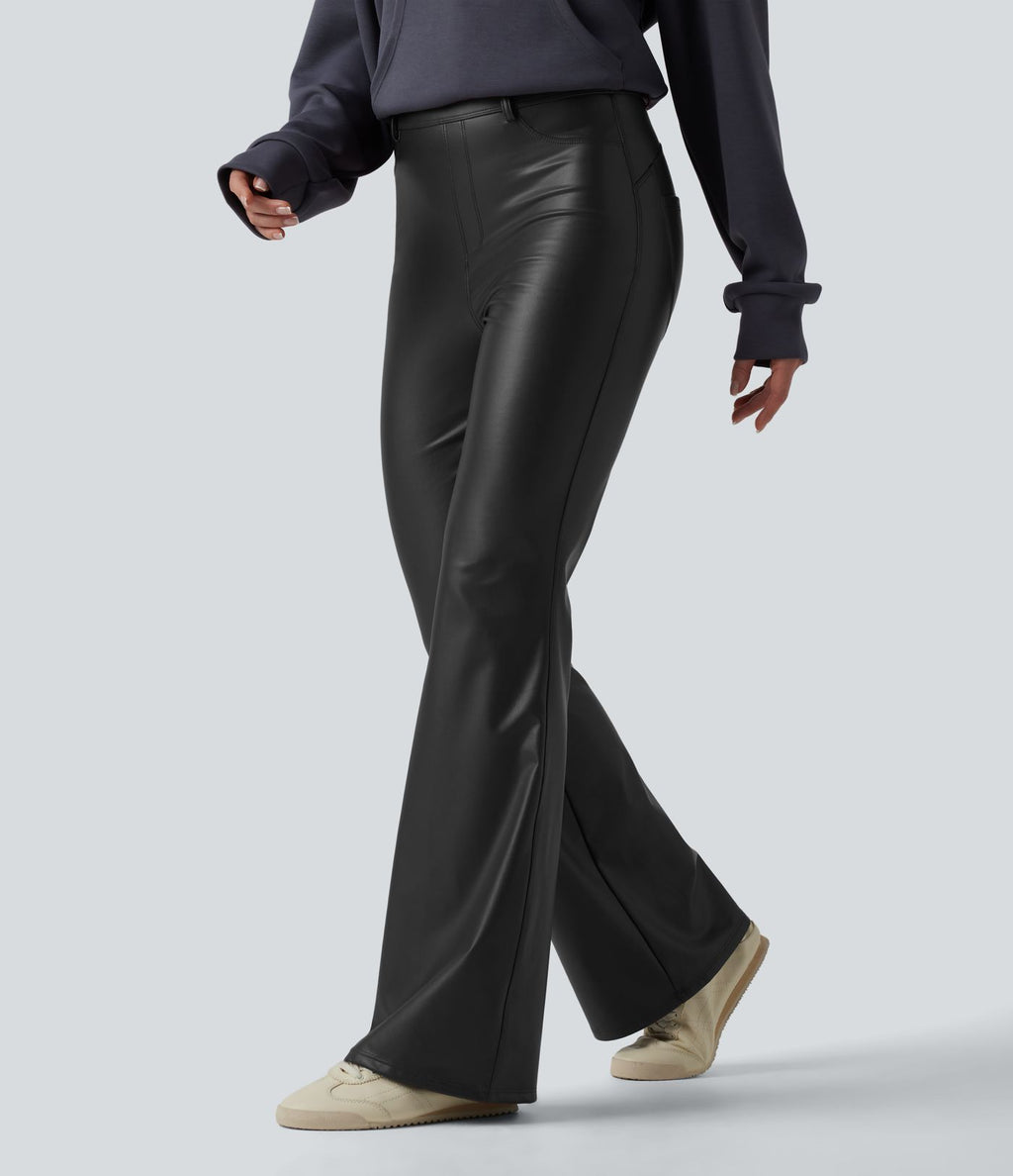 Pantalon évasé décontracté taille haute en tissu enduit doublé polaire extensible avec poches