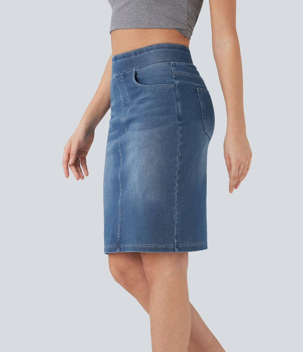 Halara Flex™ Jupe en Jean décontractée stretch délavé à taille haute, multiples poches et fente latérale