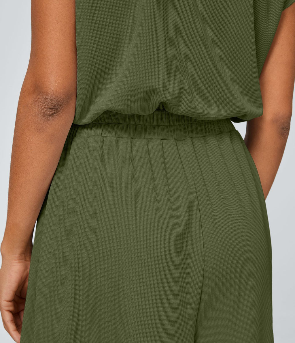 Combinaison Casual Col en V Jambes Large Plissée Manches Courtes Poche Latérale Gaufrée Fluide