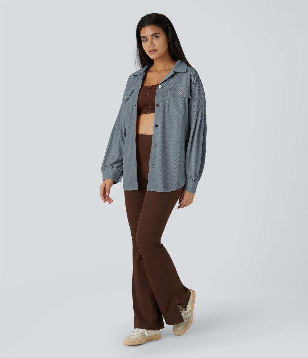 Veste Casual en Velours Côtelé à Col Boutonné Poches et Manches Longues Ourlet Courbé