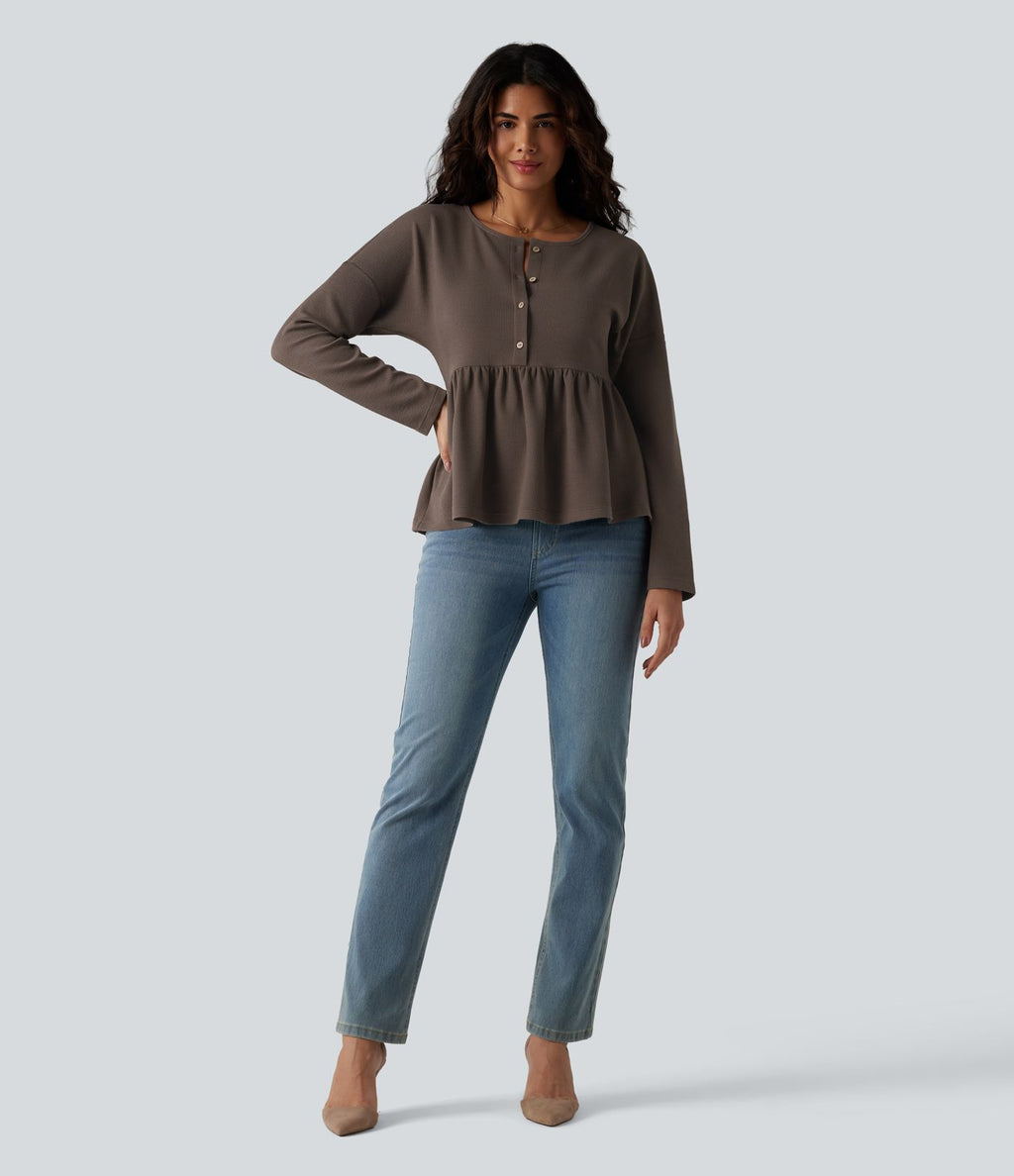 Haut casual babydoll Henley manches longues en tissu gaufré