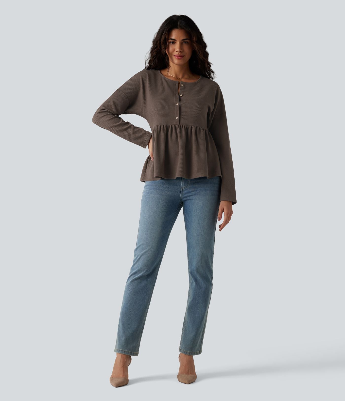 Haut casual babydoll Henley manches longues en tissu gaufré