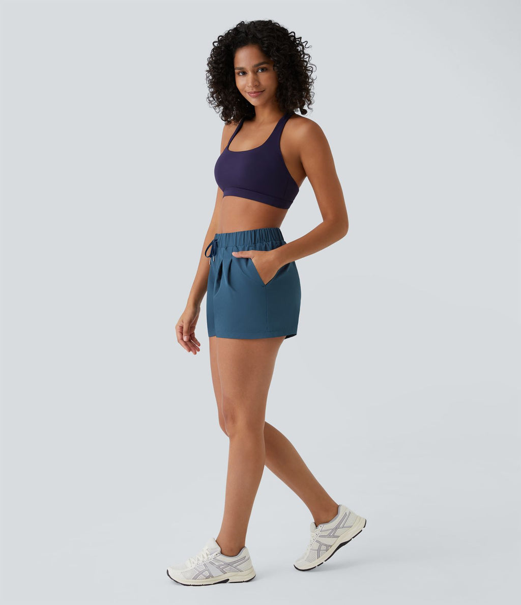 Short 7,5cm Casual à Taille Moyenne avec Ceinture Élastique Cordon de Serrage et Poches Latérales Ruchées