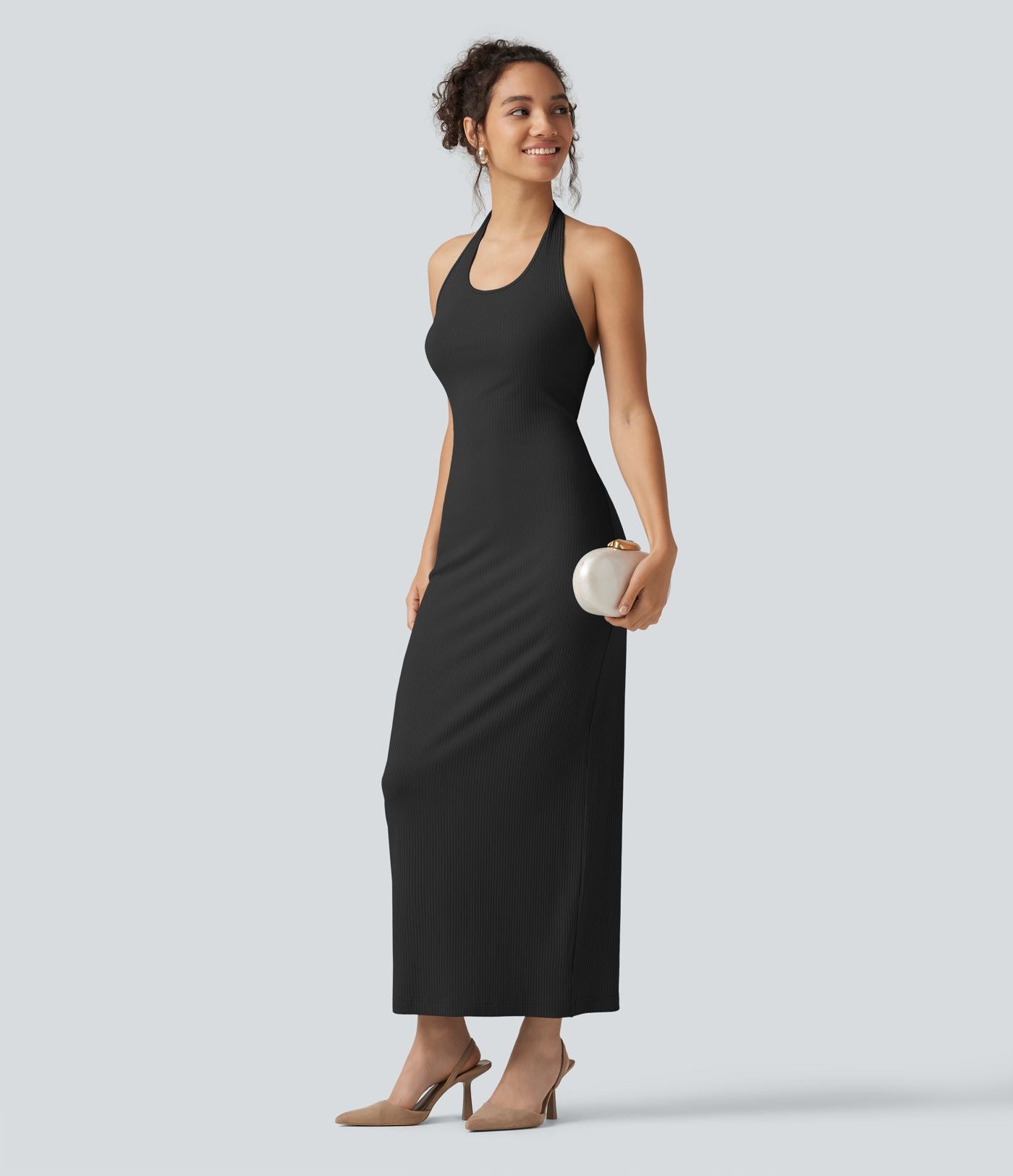 Robe midi moulante en maille côtelée à col halter