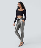 Jogging en simili SoftlyZero™ taille haute, effet sparkle métallisé, extensible avec poches