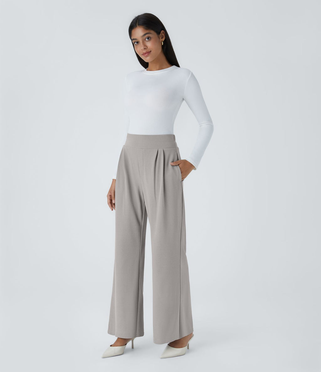 Halara Flex™ Pantalon Tailleur en Tissu Gaufré Taille Haute avec Large Ceinture Plis Poches Latérales Jambes Larges
