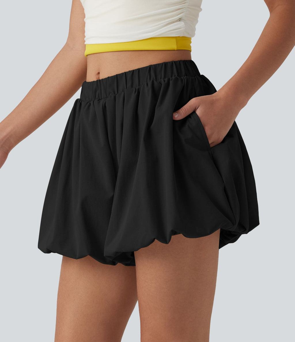 Short bouffant casual taille mi-haute en popeline extensible avec poches