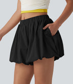 Short bouffant casual taille mi-haute en popeline extensible avec poches