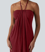 Robe resort mini dos nu à col licou avec lien noué dans le dos et poches