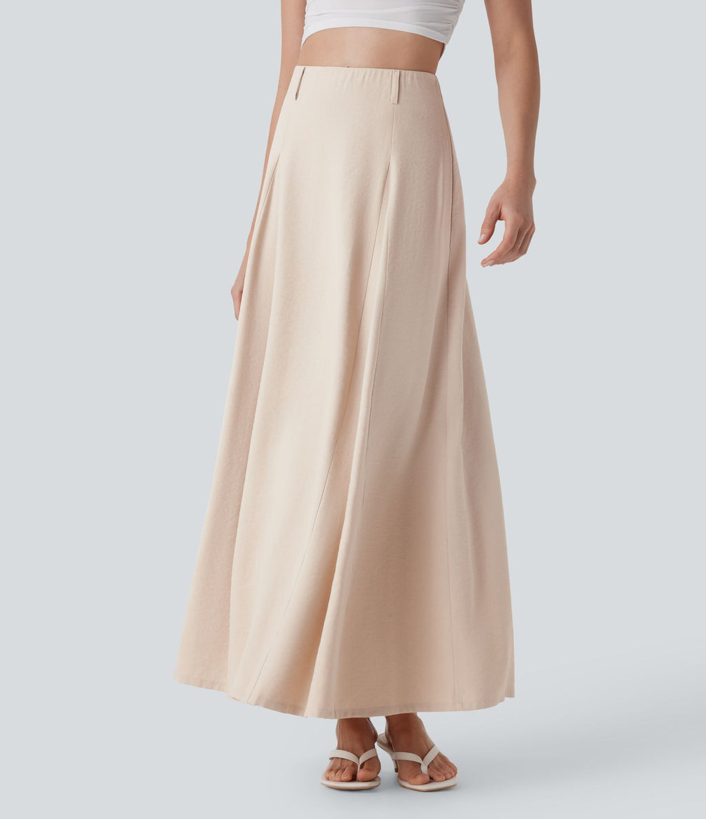Jupe longue évasée à taille haute avec fermeture éclair invisible, aspect lin