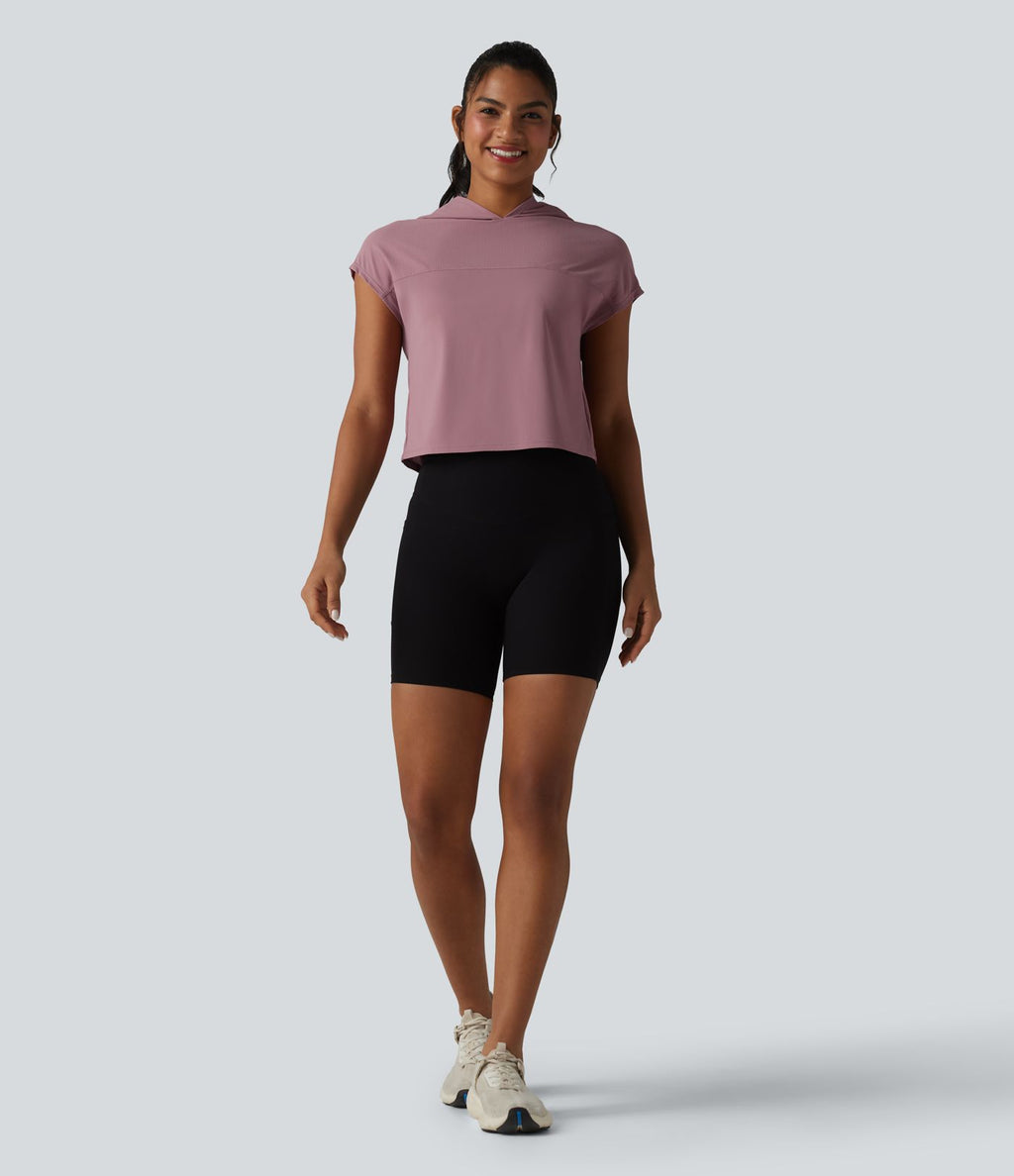 Haut de sport court à capuche et manches courtes en mesh respirant, agréable au toucher, séchage rapide, protection solaire UPF50+