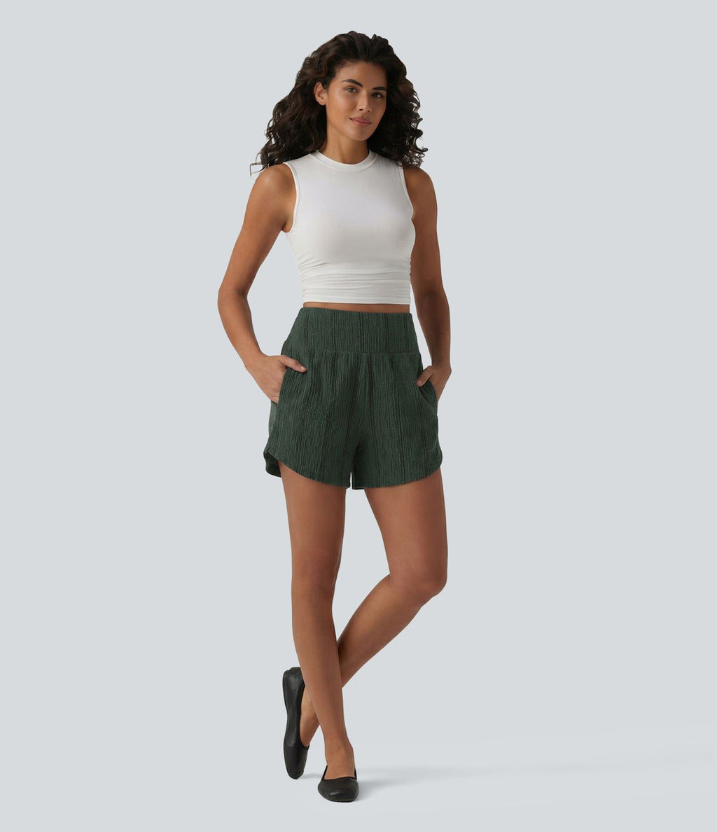 Short casual taille haute ourlet arrondi rayures avec poches