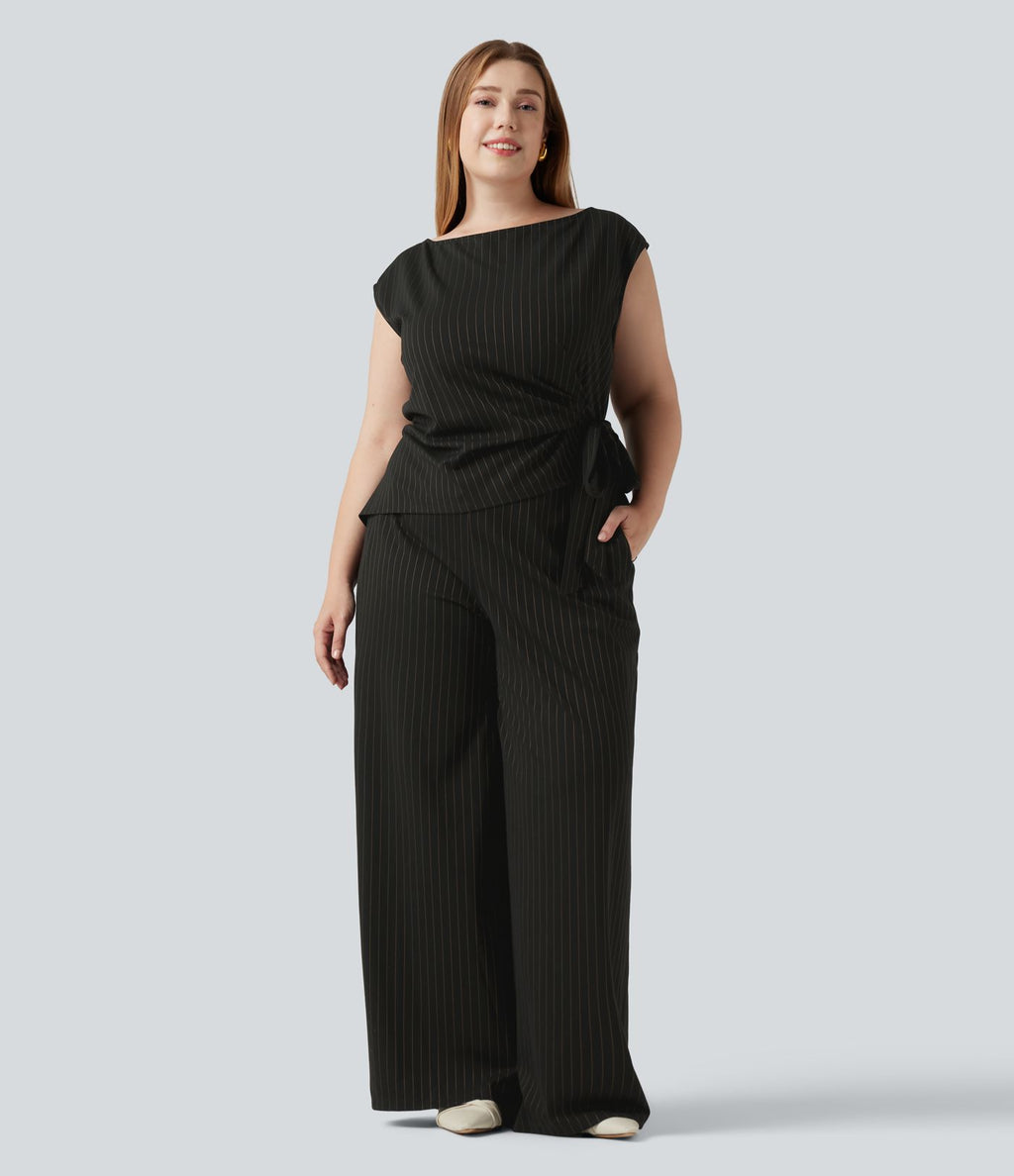 Combinaison grande taille rayée effet frais InstantCool à col bateau pour le bureau avec nœud sur le côté, poches et accès facile Easy Peasy