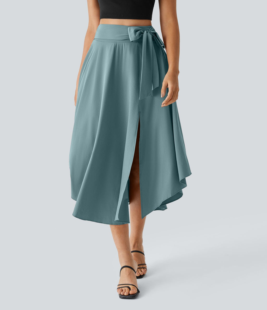 Breezeful™ Jupe Taille Haute Casual Midi Séchage Rapide Fluide Fentes Latérales Nouées 2 en 1