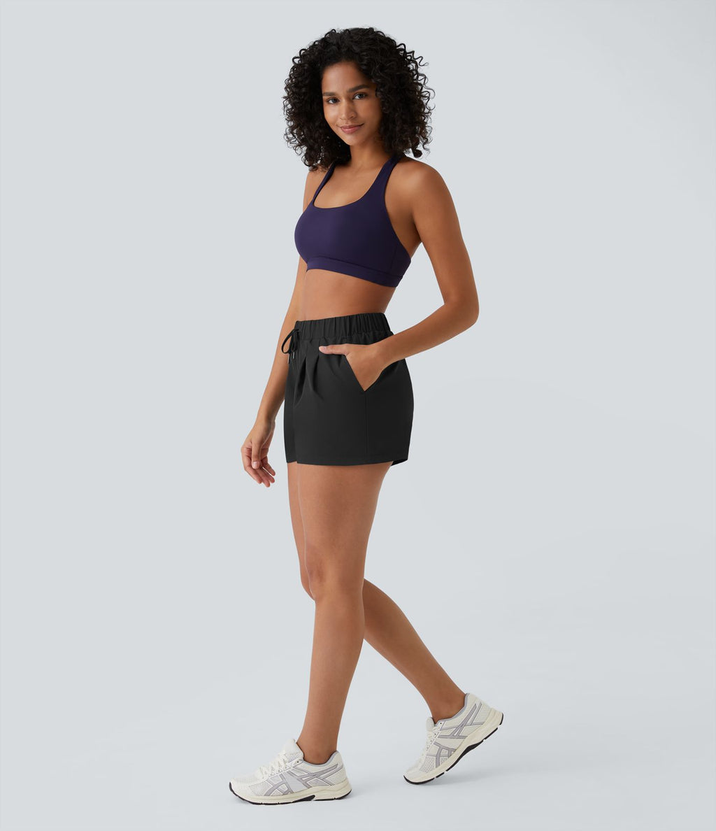 Short 7,5cm Casual à Taille Moyenne avec Ceinture Élastique Cordon de Serrage et Poches Latérales Ruchées