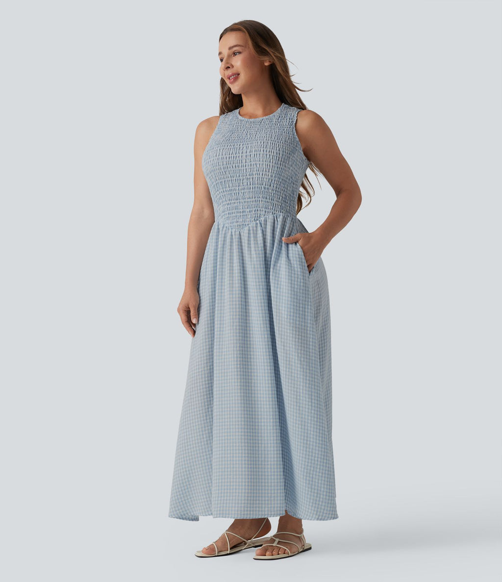 Robe midi fluide casual col rond sans manches à smocks et carreaux aspect lin avec poches