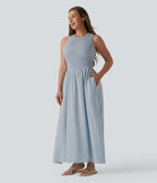 Robe midi fluide casual col rond sans manches à smocks et carreaux aspect lin avec poches