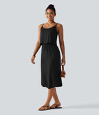 Robe nuisette midi casual à ourlet courbé fendu et cordon de serrage